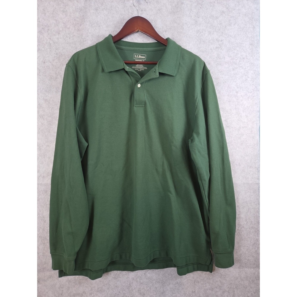 LL Bean Long Sleeve Polo Shirt Mens XL Forest Green Long Sleeve Collared Preppy
